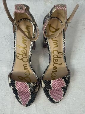 Sam Edelman Yaro Sandals Snakeskin 4” Block Heel Ankle Strap Black Pink Purple 7